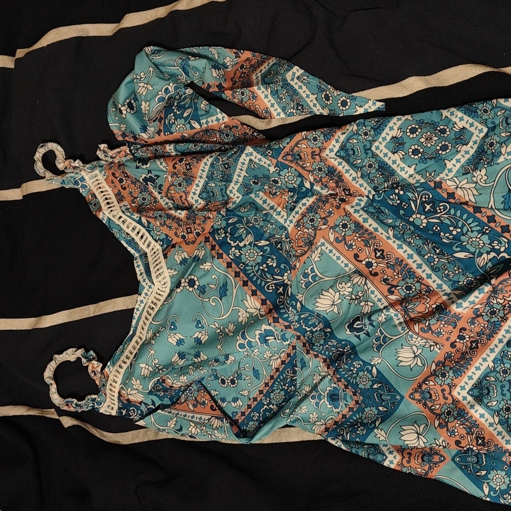 Long blue paisley print dress